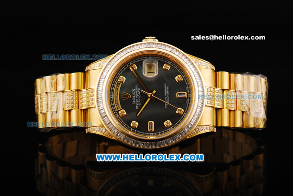 Rolex Day Date II Oyster Perpetual Automatic Movement Full Gold with Diamond Bezel - Diamond Markers and Black MOP Dial - Click Image to Close